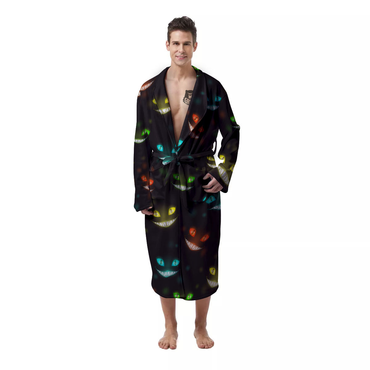 Black Cheshire Cat Print Pattern Men's Robe-grizzshop