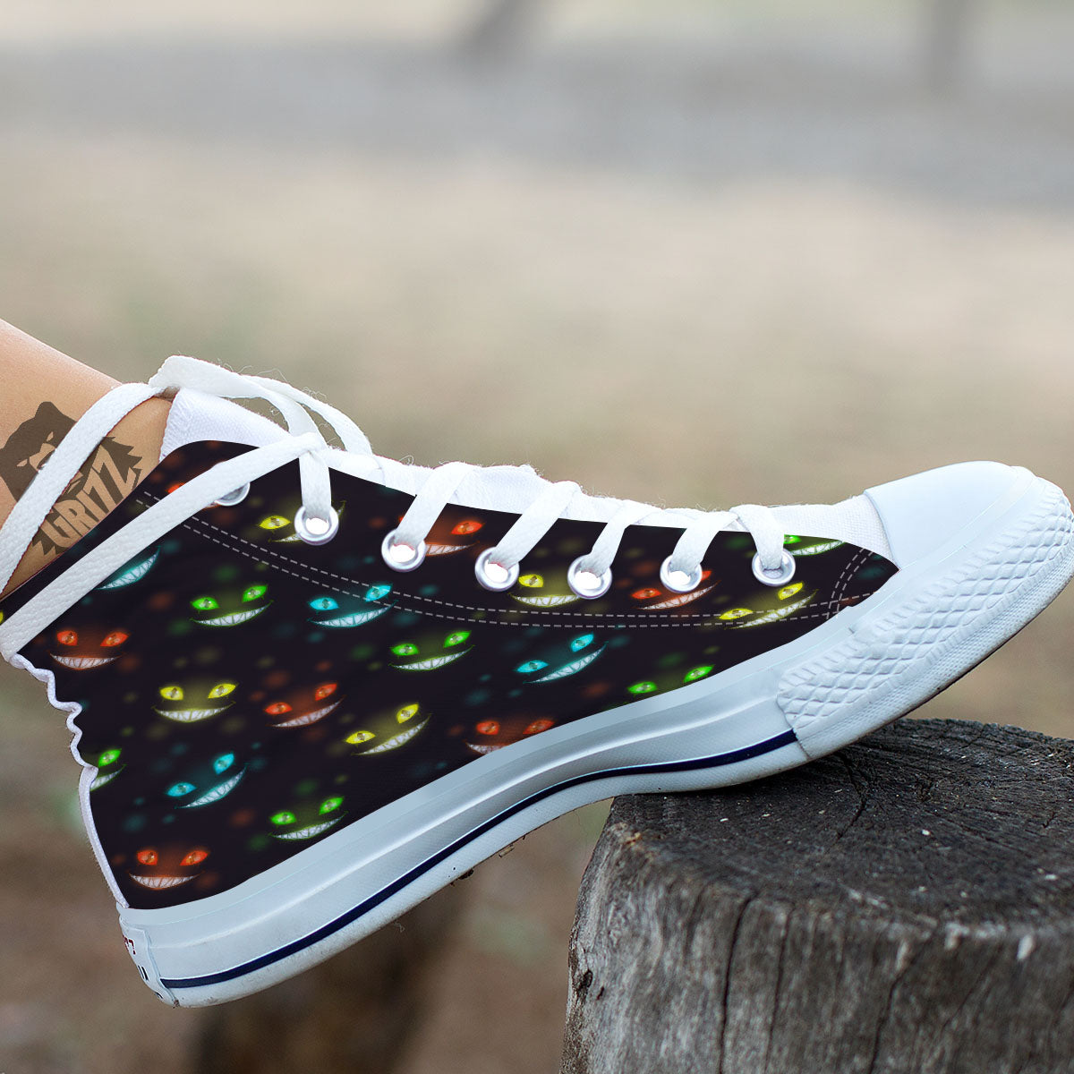 Black Cheshire Cat Print Pattern White High Top Shoes-grizzshop