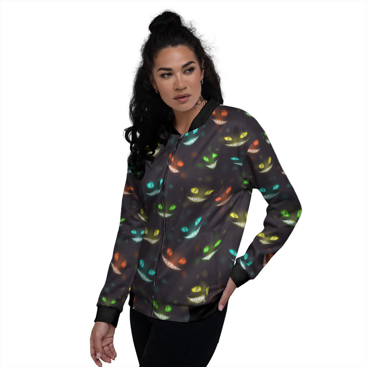 Black Cheshire Cat Print Pattern Women's Bomber Jacket-grizzshop