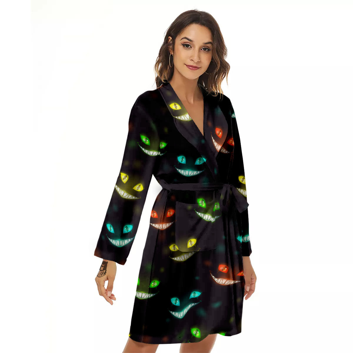 Black Cheshire Cat Print Pattern Women's Robe-grizzshop