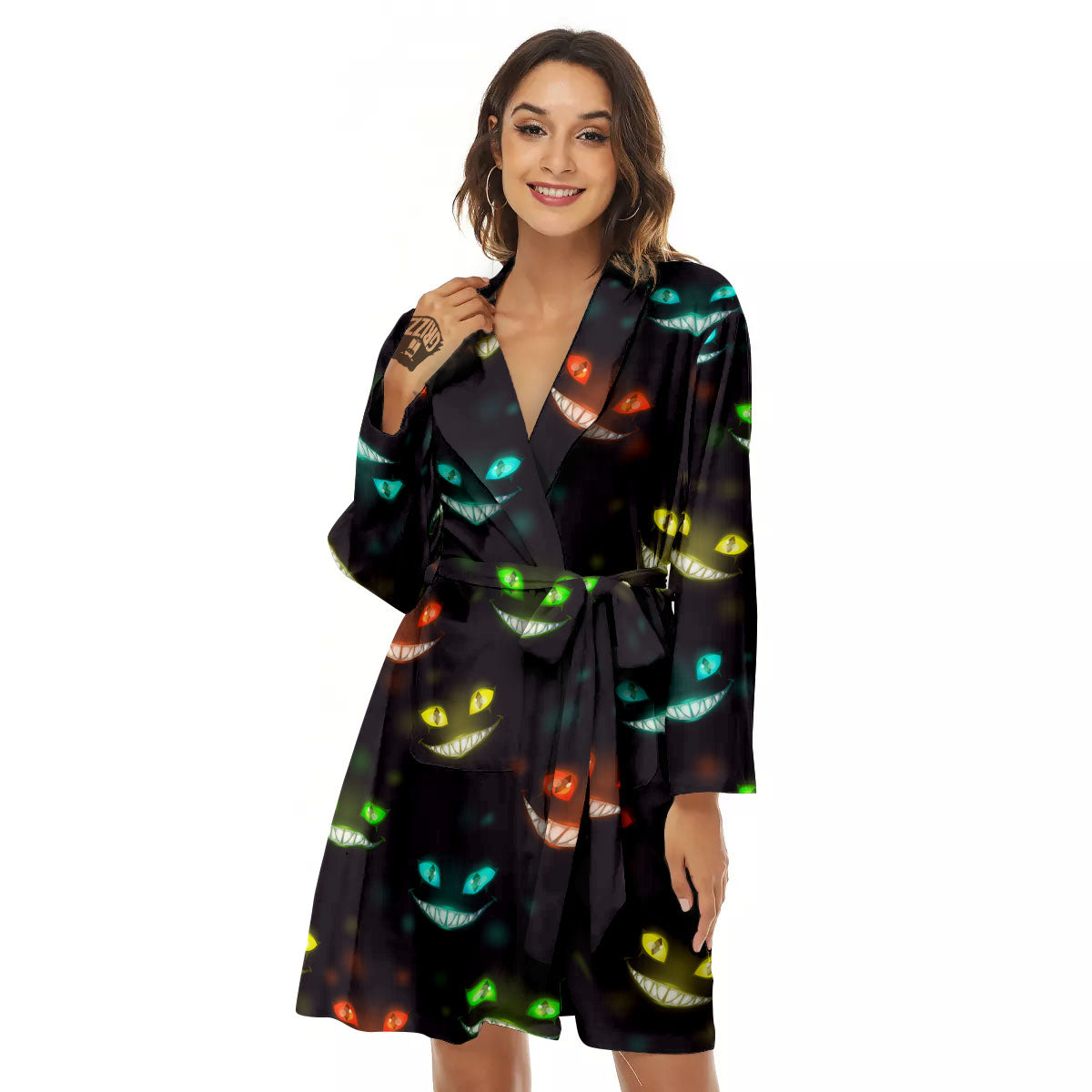 Black Cheshire Cat Print Pattern Women's Robe-grizzshop