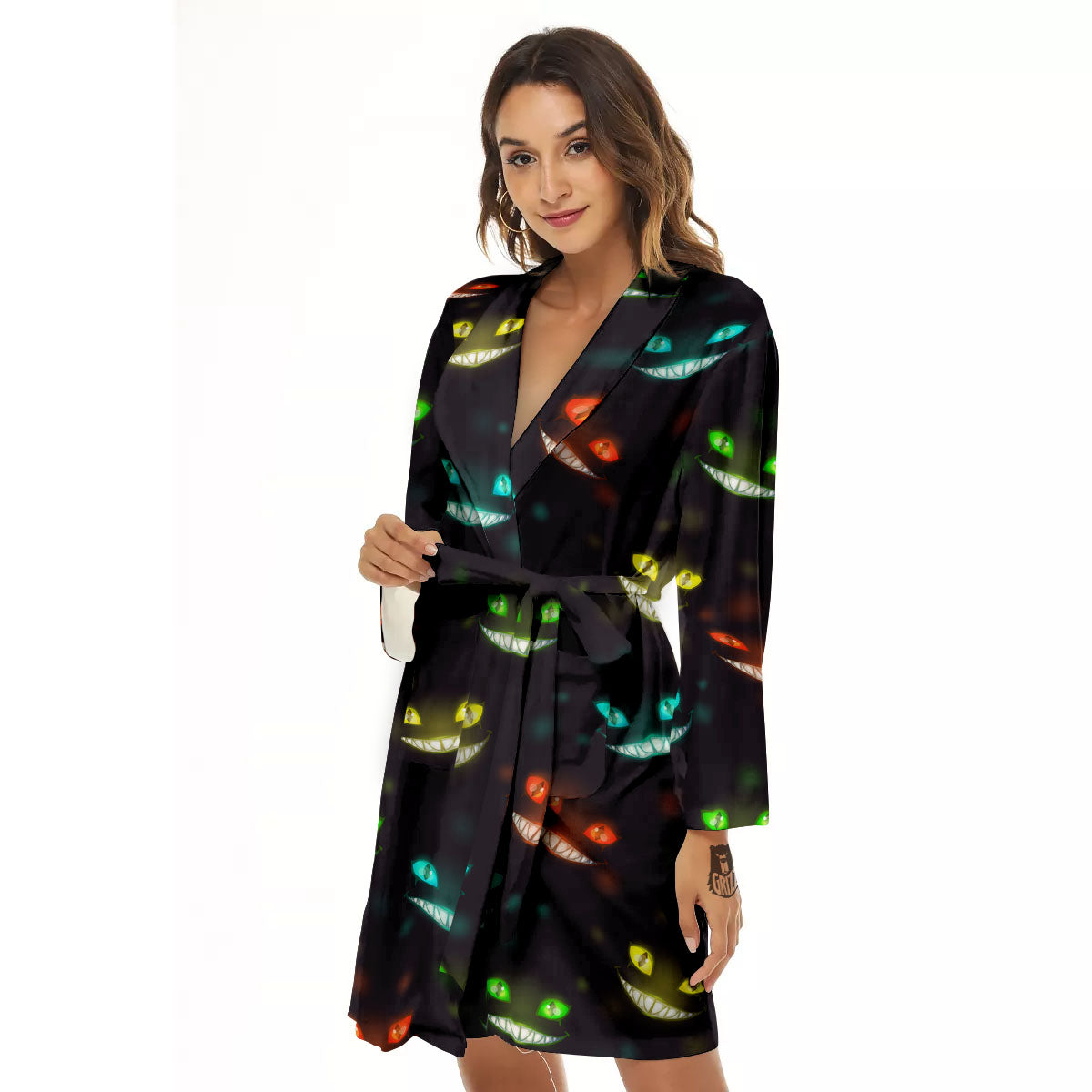 Black Cheshire Cat Print Pattern Women's Robe-grizzshop