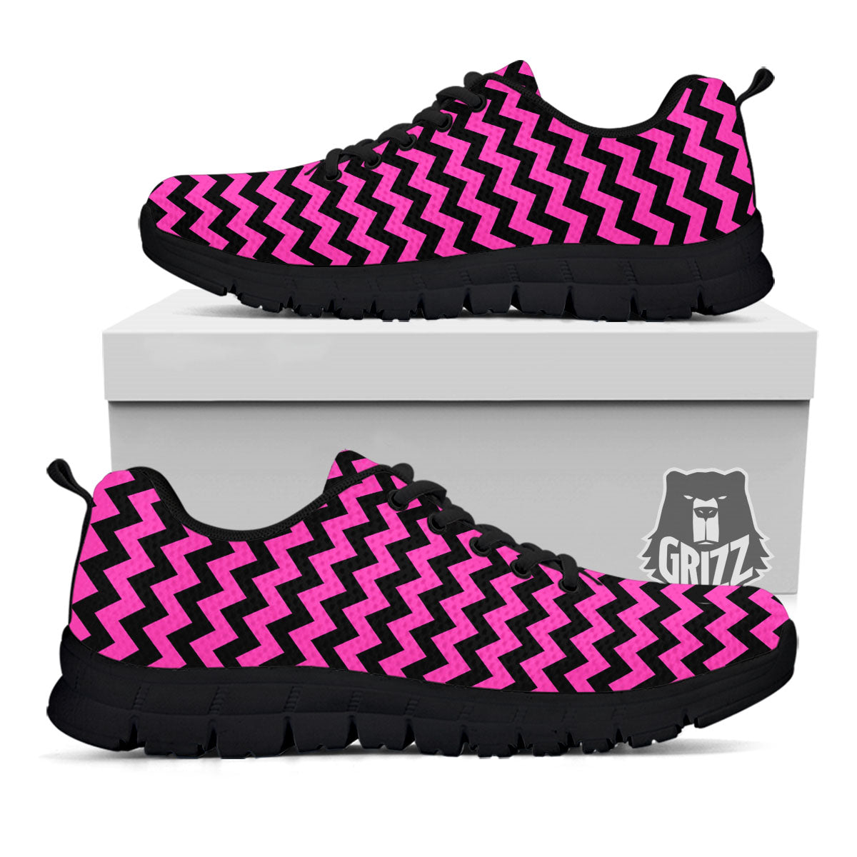 Black Chevron And Hot Pink Print Pattern Black Sneaker-grizzshop