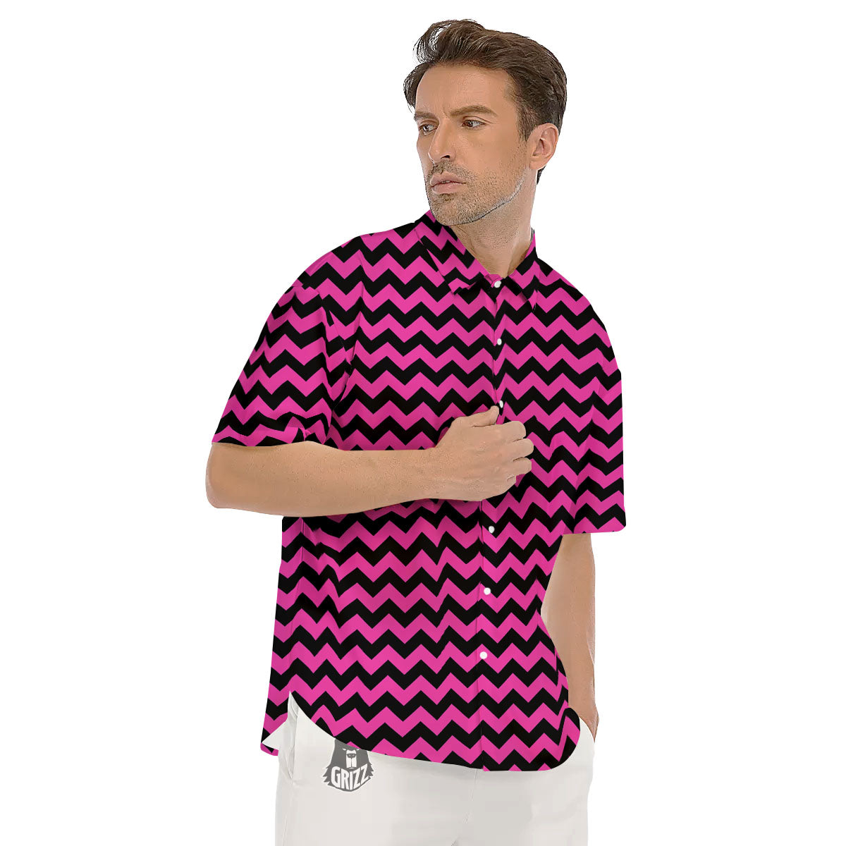 Black Chevron And Hot Pink Print Pattern Men's Short Sleeve Shirts-grizzshop