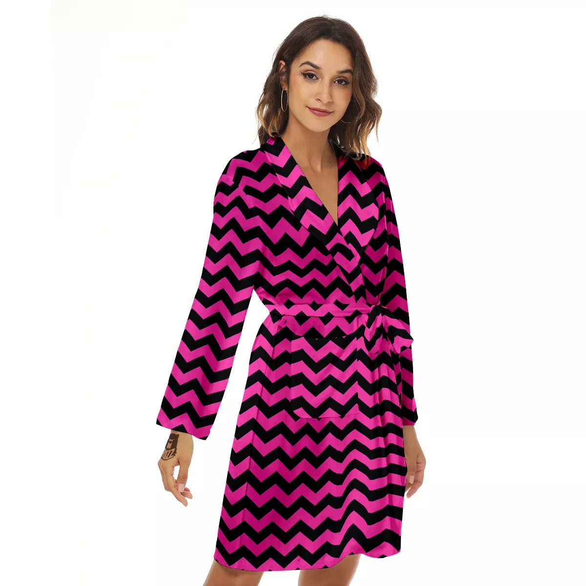 Black Chevron And Hot Pink Print Pattern Women's Robe-grizzshop