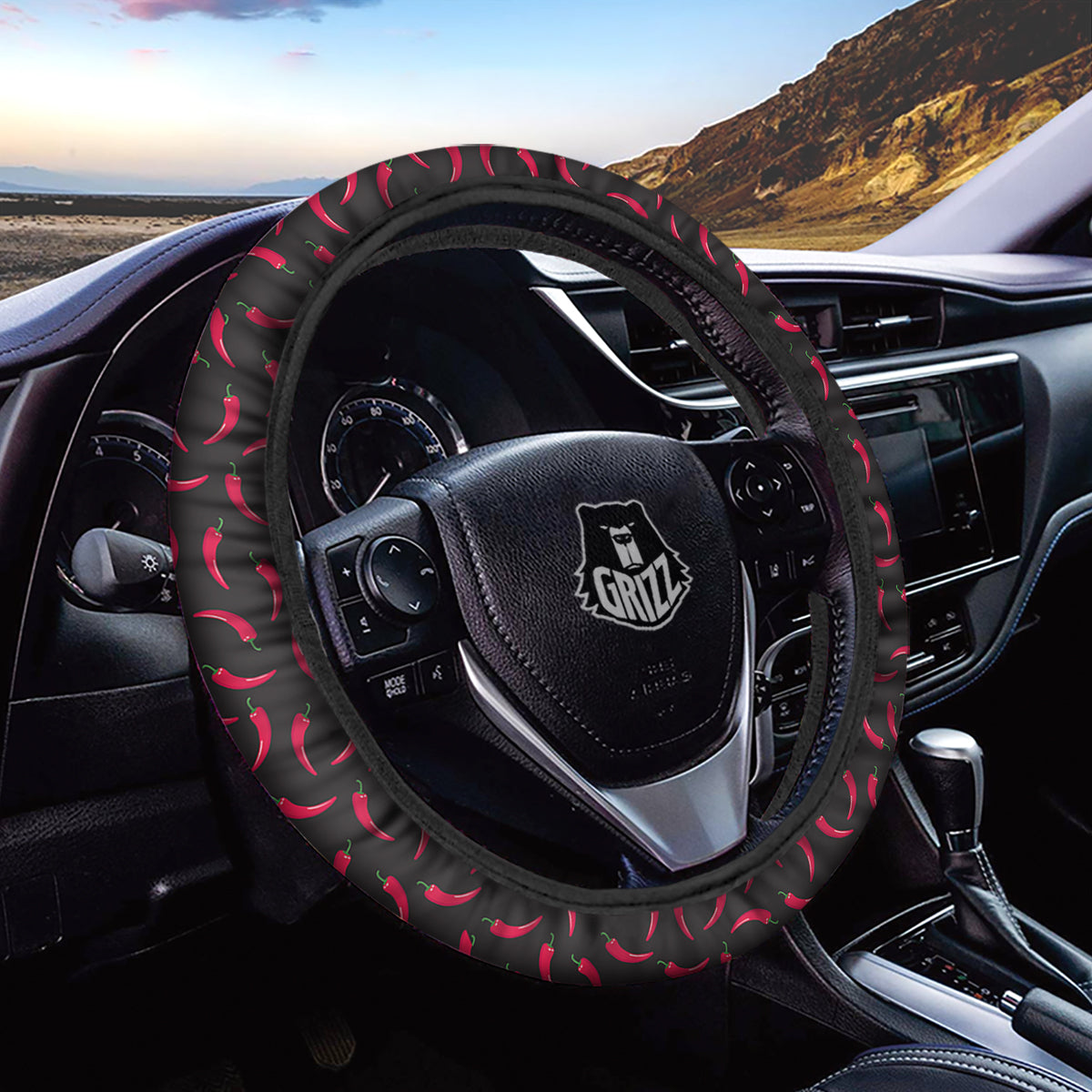 Black Chili Pepper Print Pattern Car Steering Wheel Cover-grizzshop