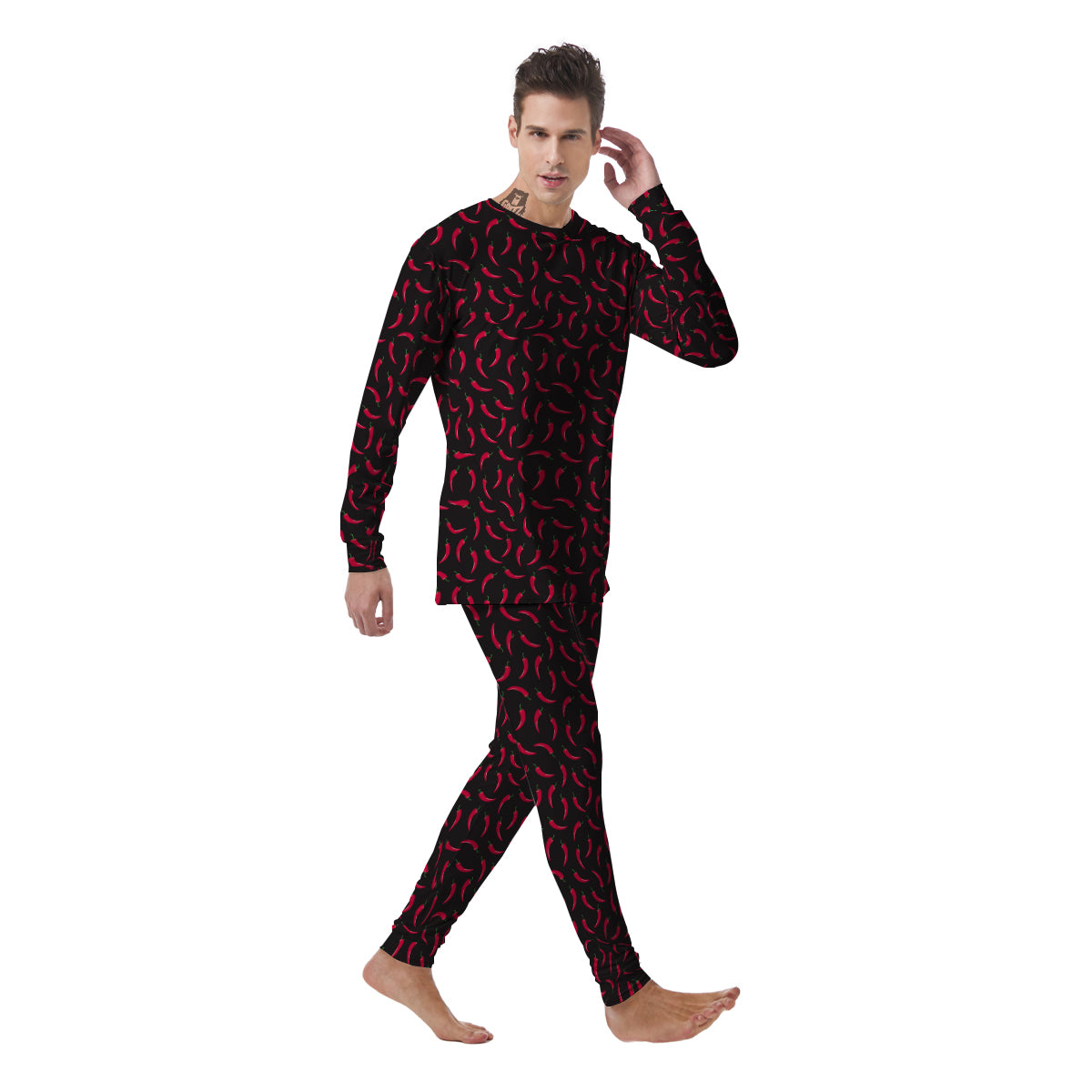 Black Chili Pepper Print Pattern Men's Pajamas-grizzshop