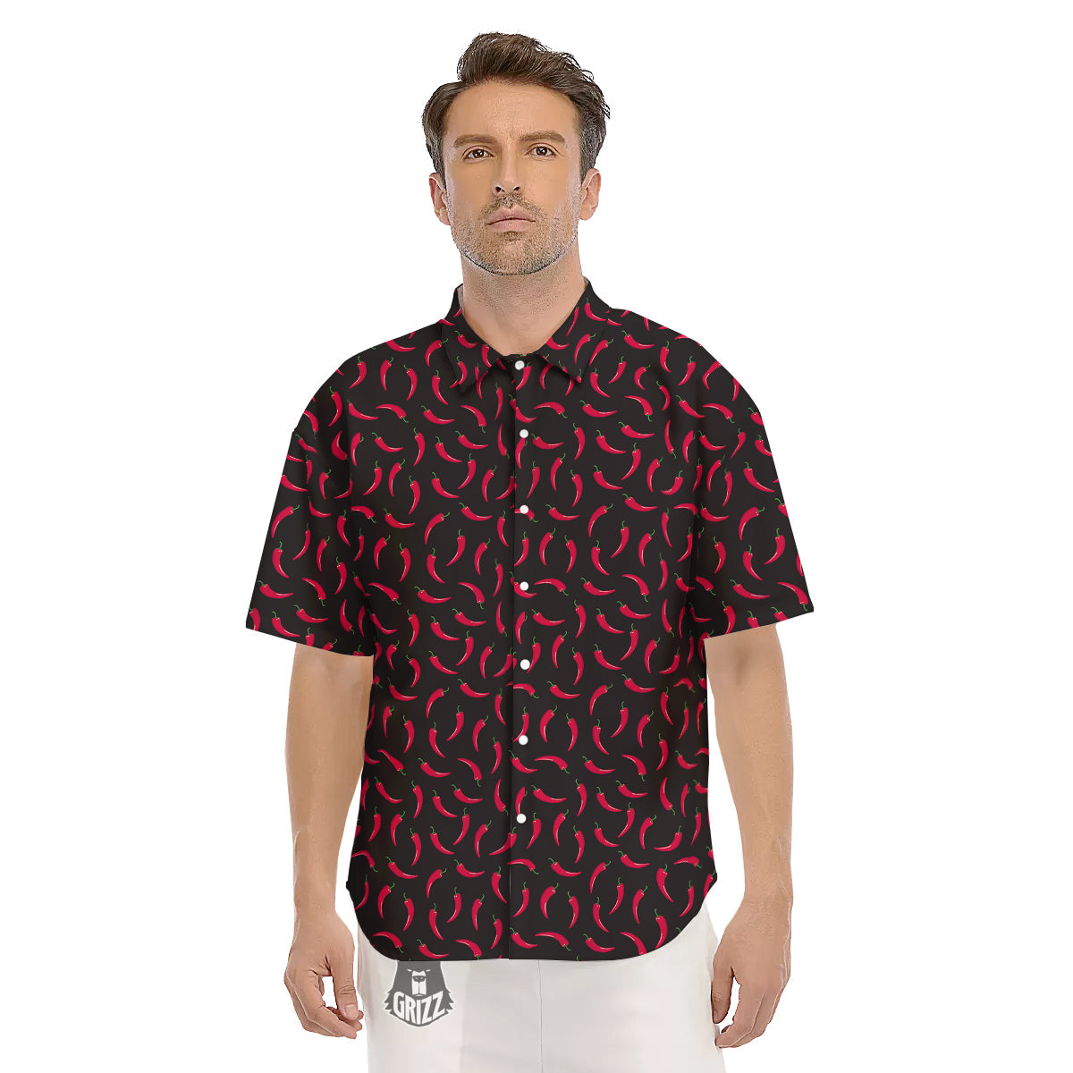 Black Chili Pepper Print Pattern Men's Short Sleeve Shirts-grizzshop