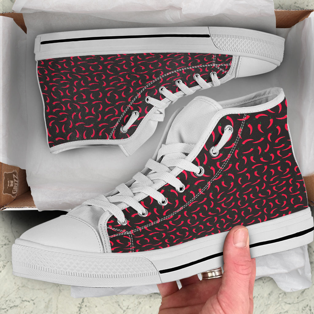 Black Chili Pepper Print Pattern White High Top Shoes-grizzshop