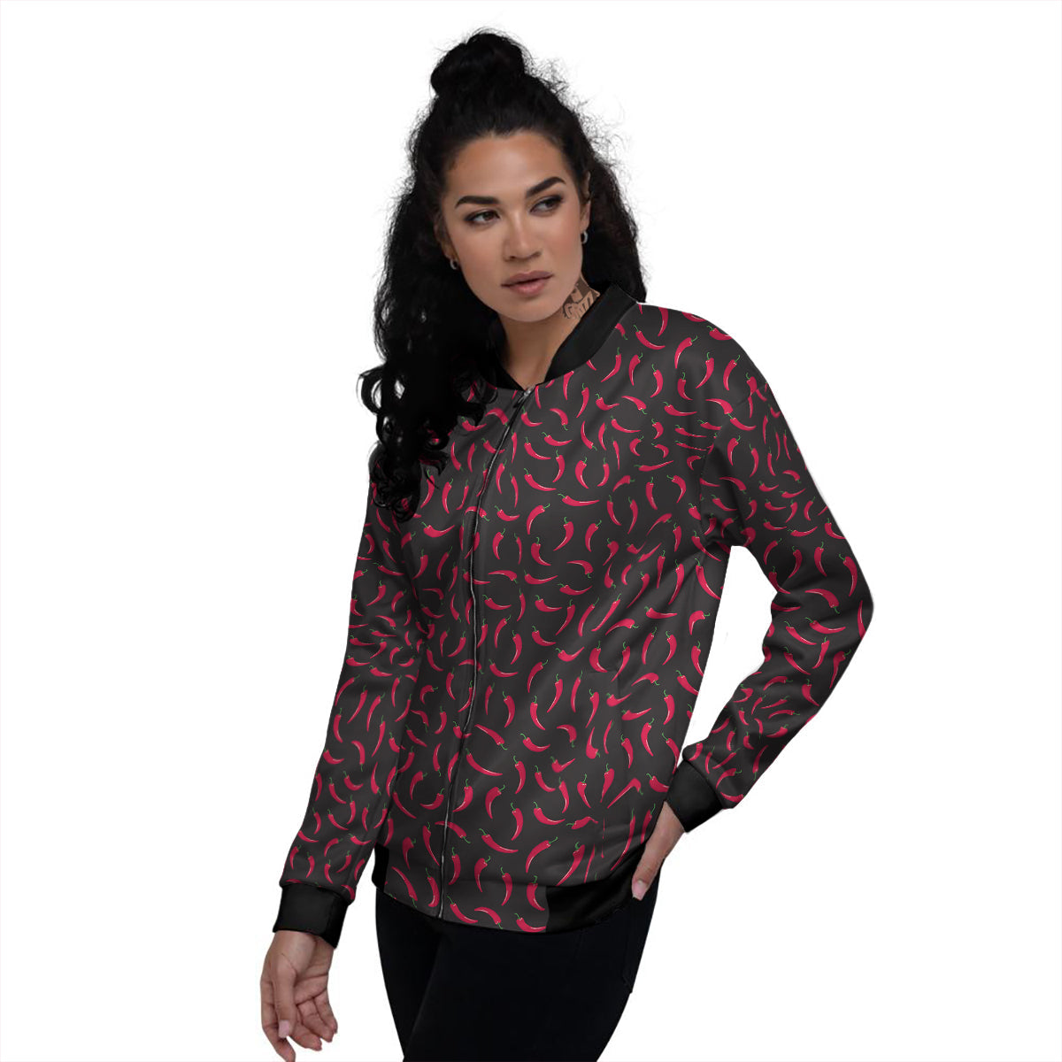 Black Chili Pepper Print Pattern Women's Bomber Jacket-grizzshop