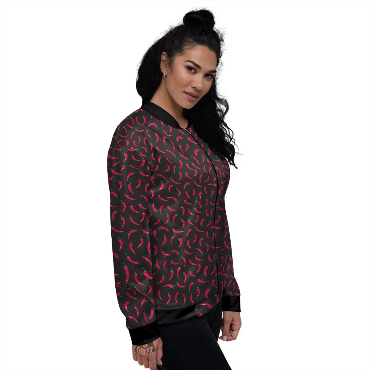 Black Chili Pepper Print Pattern Women's Bomber Jacket-grizzshop