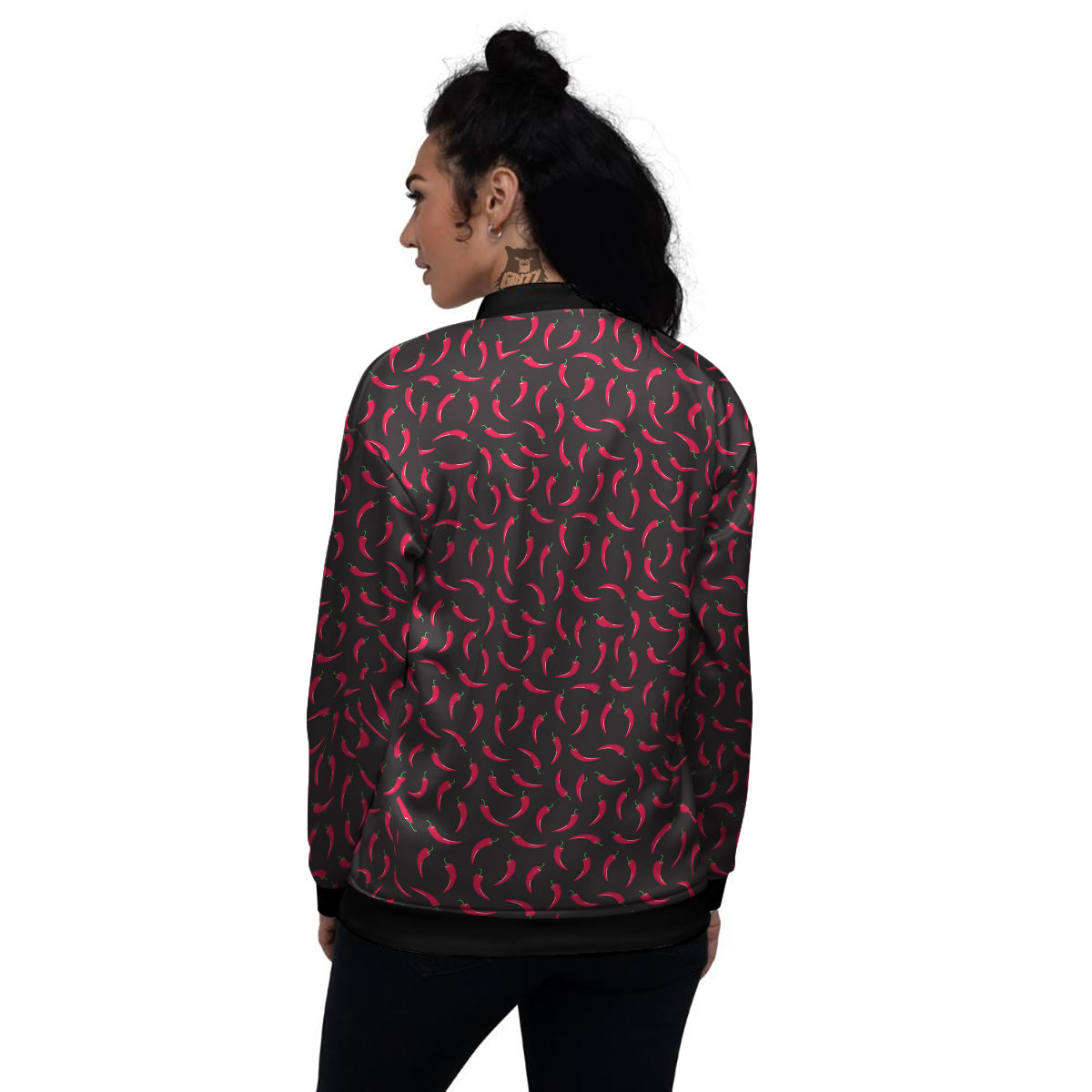 Black Chili Pepper Print Pattern Women's Bomber Jacket-grizzshop