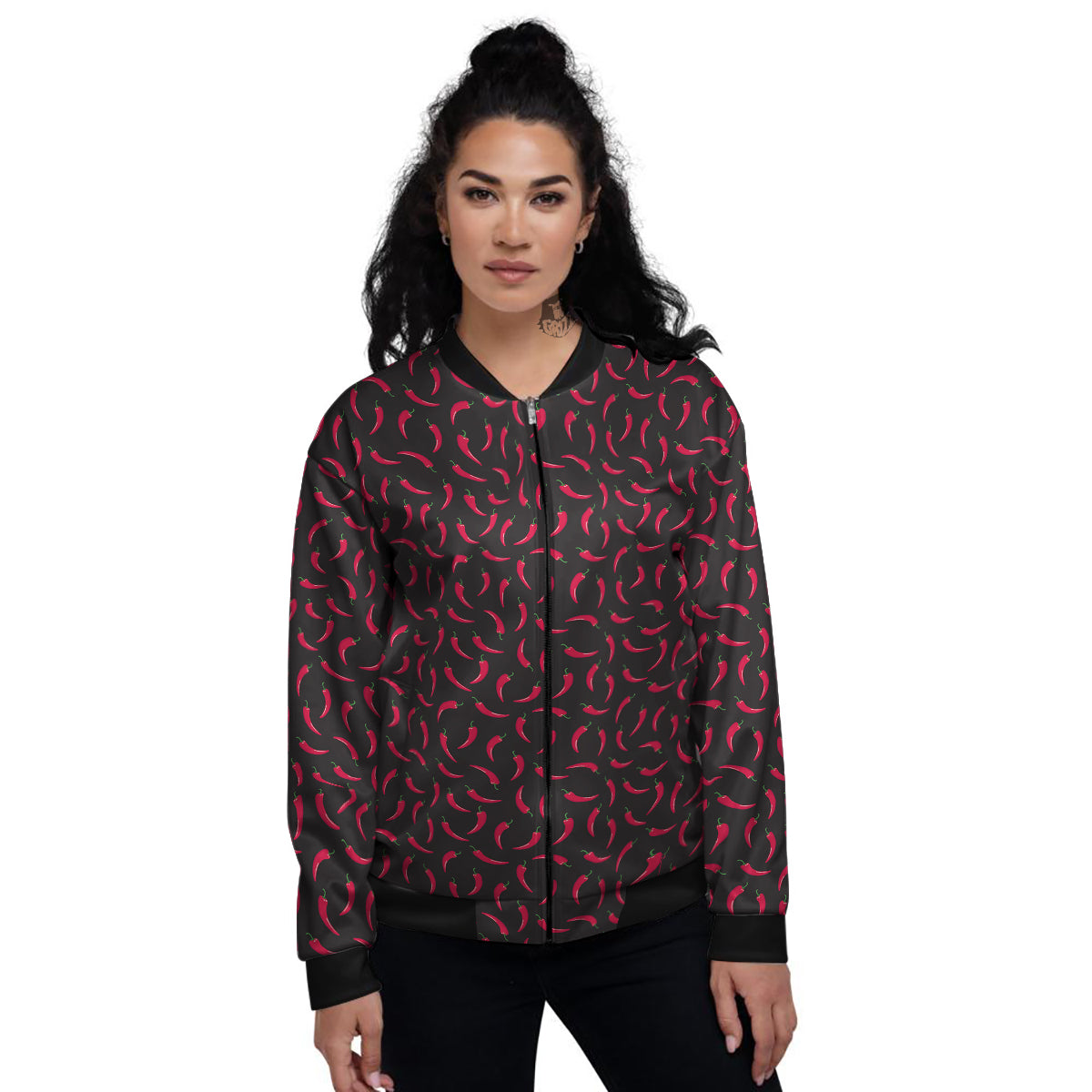 Black Chili Pepper Print Pattern Women's Bomber Jacket-grizzshop