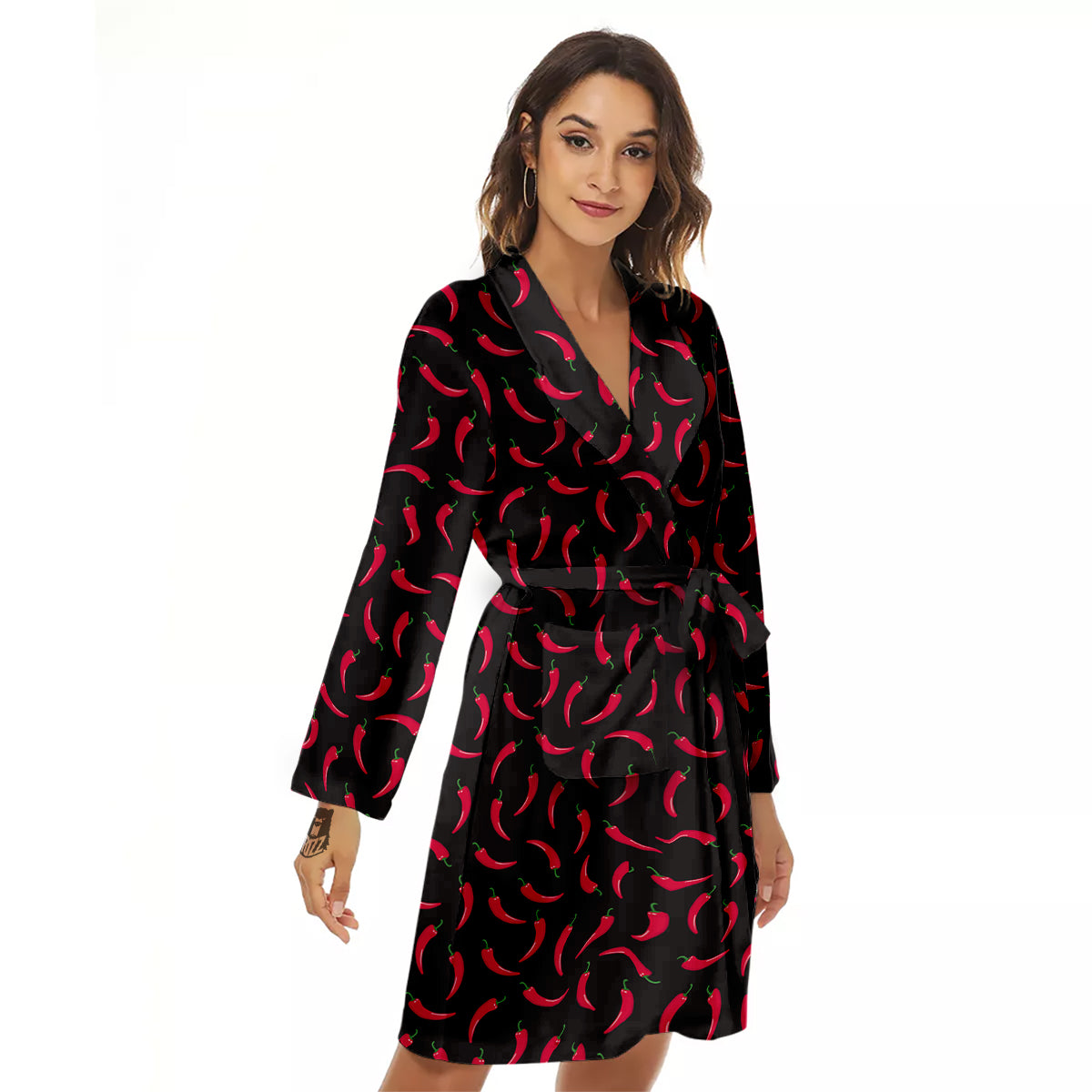 Black Chili Pepper Print Pattern Women's Robe-grizzshop