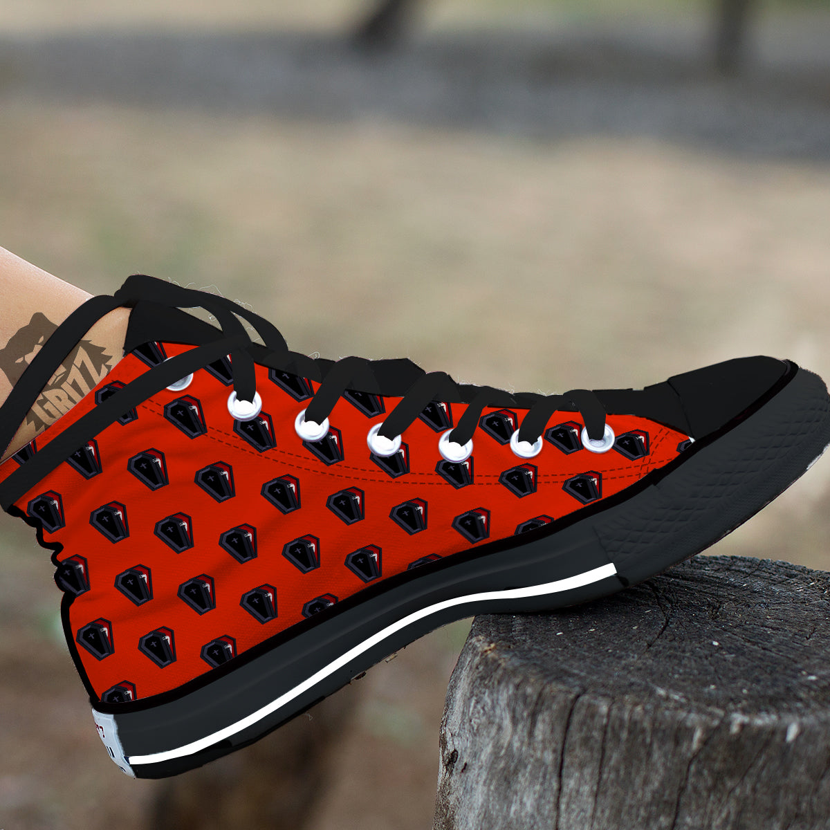 Black Coffin Red Print Pattern Black High Top Shoes-grizzshop