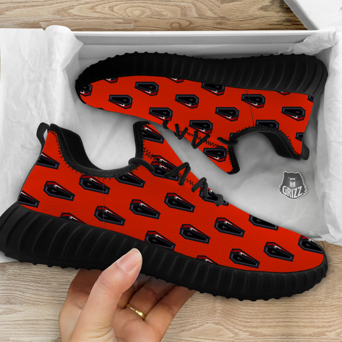 Black Coffin Red Print Pattern Black Walking Shoes-grizzshop