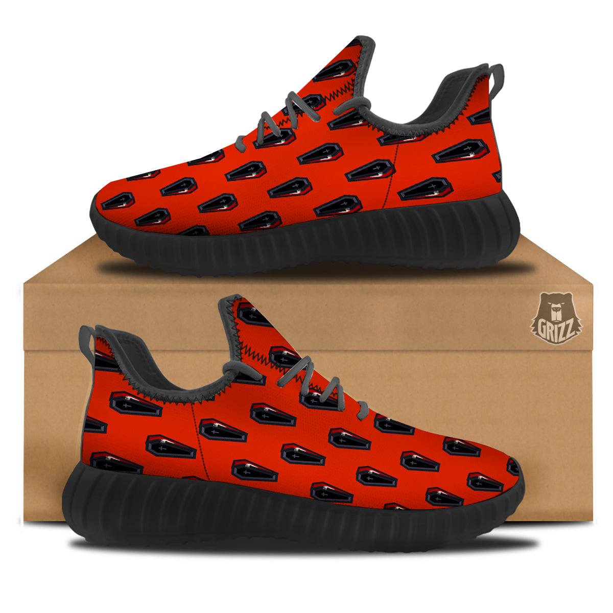 Black Coffin Red Print Pattern Black Walking Shoes-grizzshop