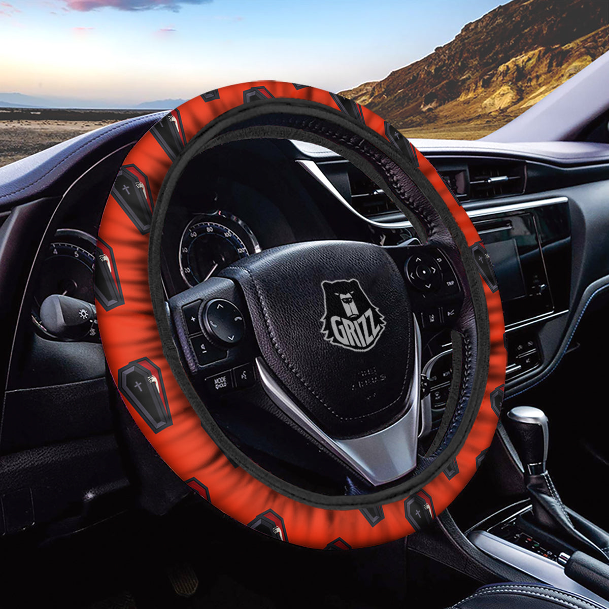 Black Coffin Red Print Pattern Car Steering Wheel Cover-grizzshop