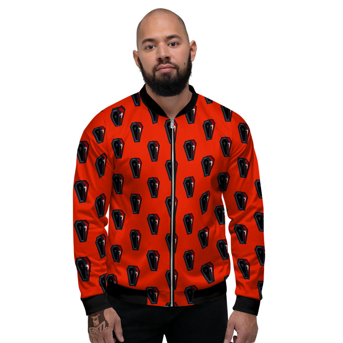 Black Coffin Red Print Pattern Men's Bomber Jacket-grizzshop