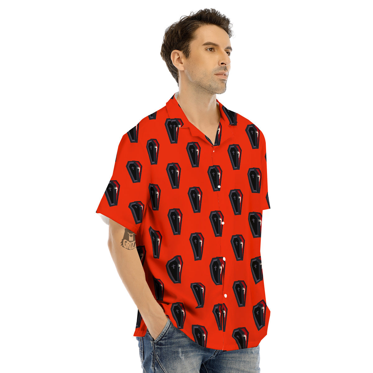 Black Coffin Red Print Pattern Men's Hawaiian Shirt-grizzshop