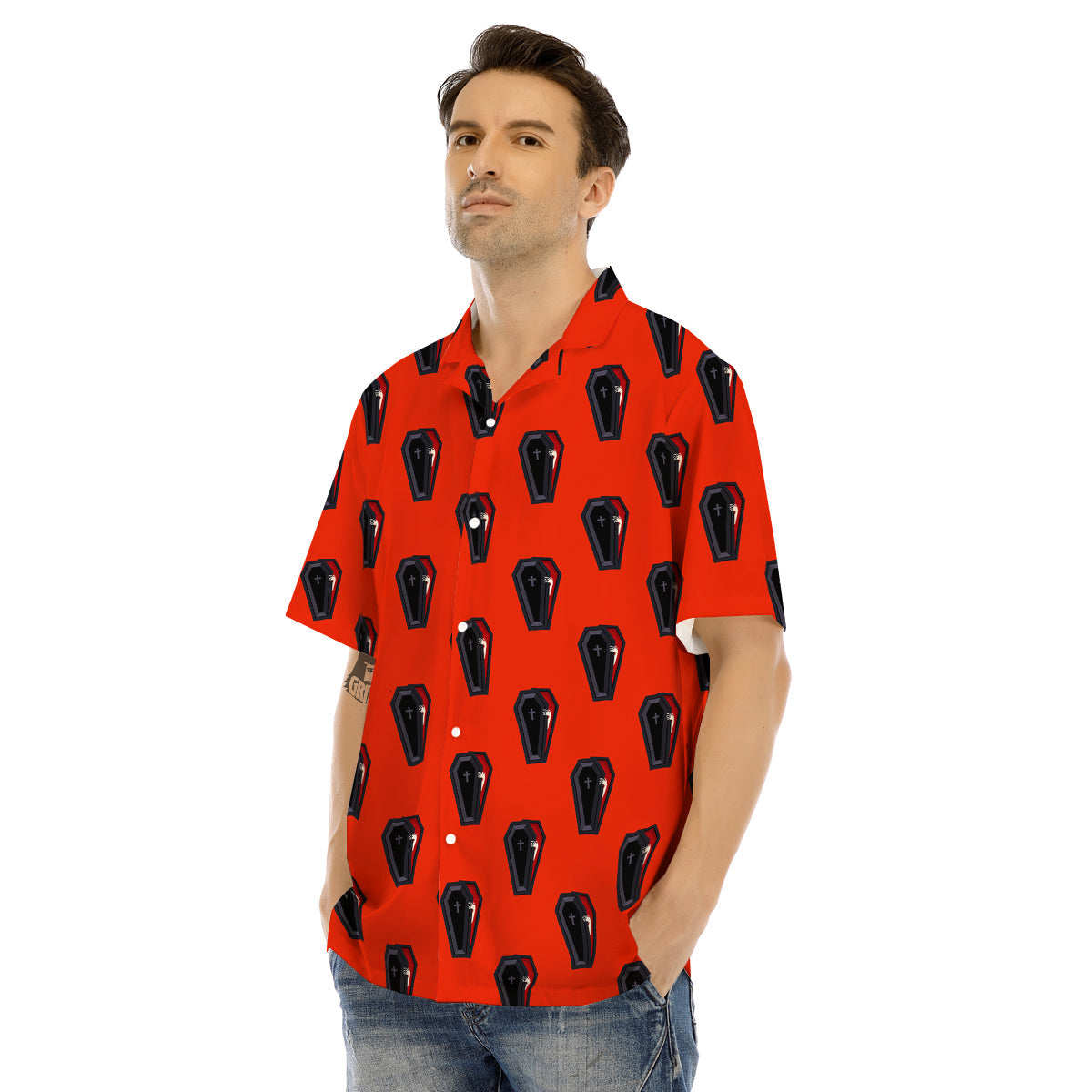 Black Coffin Red Print Pattern Men's Hawaiian Shirt-grizzshop