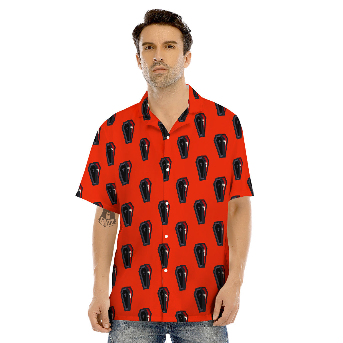 Black Coffin Red Print Pattern Men's Hawaiian Shirt-grizzshop