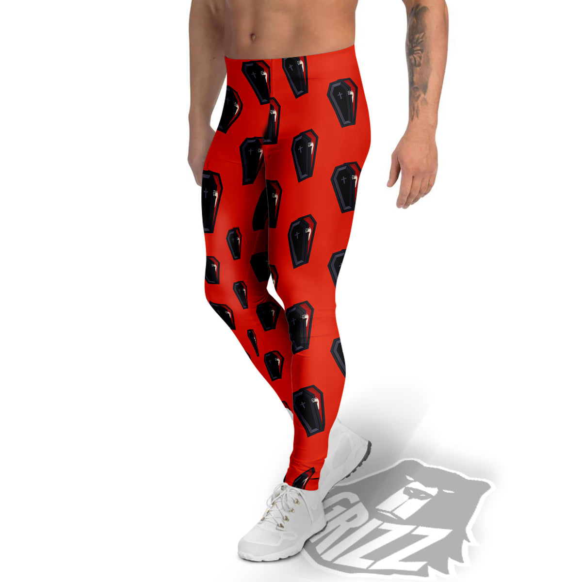 Black Coffin Red Print Pattern Men's Leggings-grizzshop