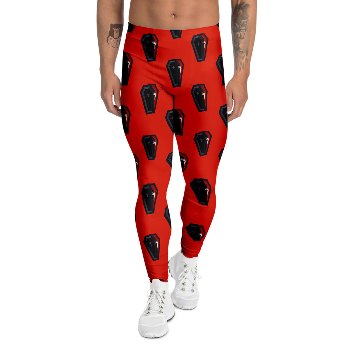 Black Coffin Red Print Pattern Men's Leggings-grizzshop