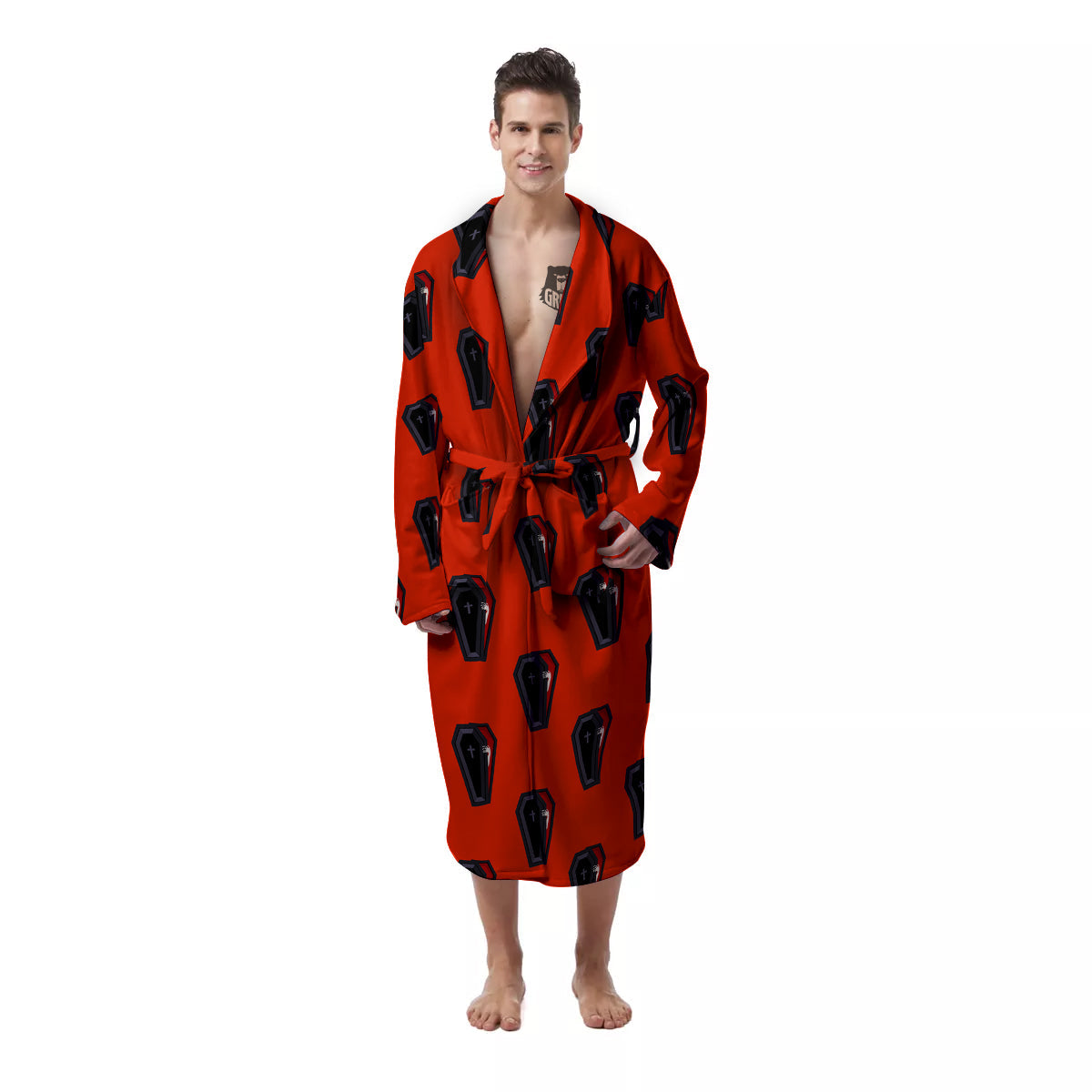 Black Coffin Red Print Pattern Men's Robe-grizzshop