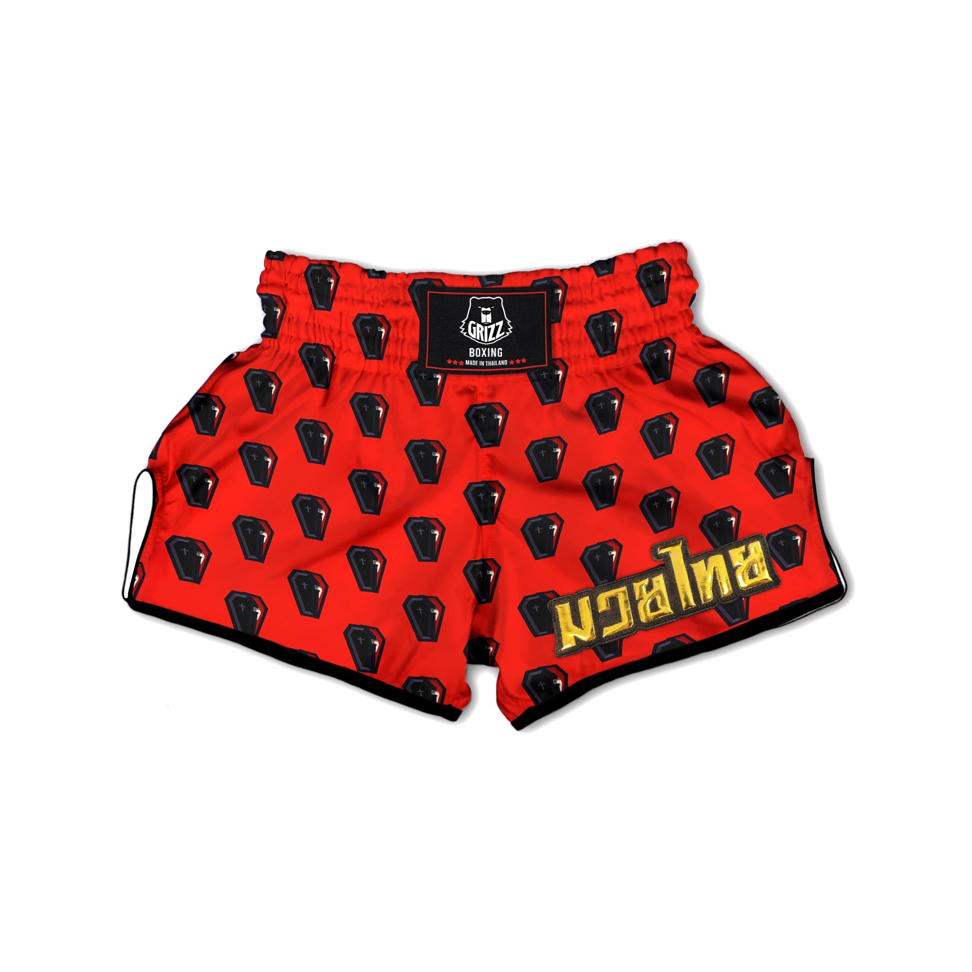 Black Coffin Red Print Pattern Muay Thai Boxing Shorts-grizzshop
