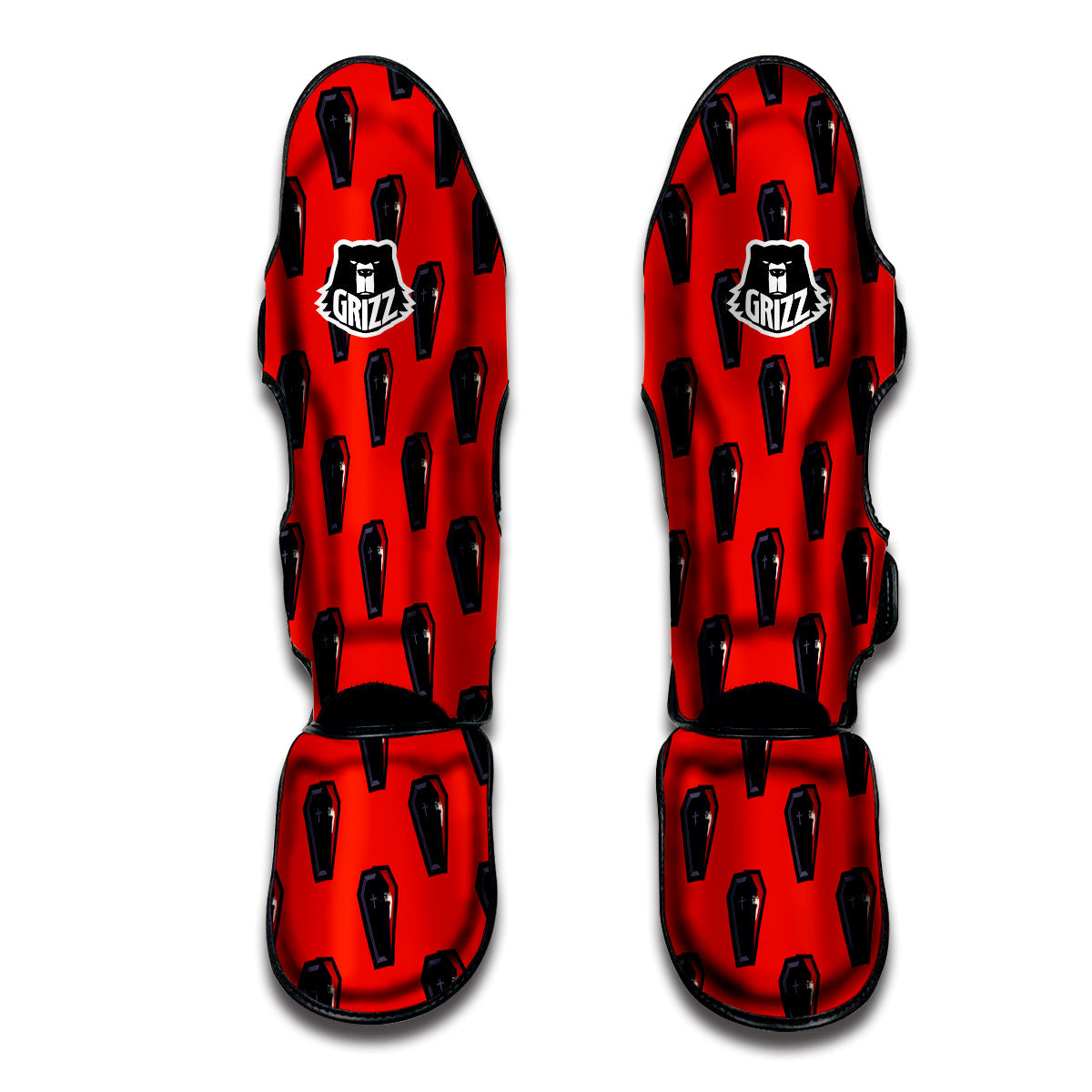Black Coffin Red Print Pattern Muay Thai Shin Guards-grizzshop