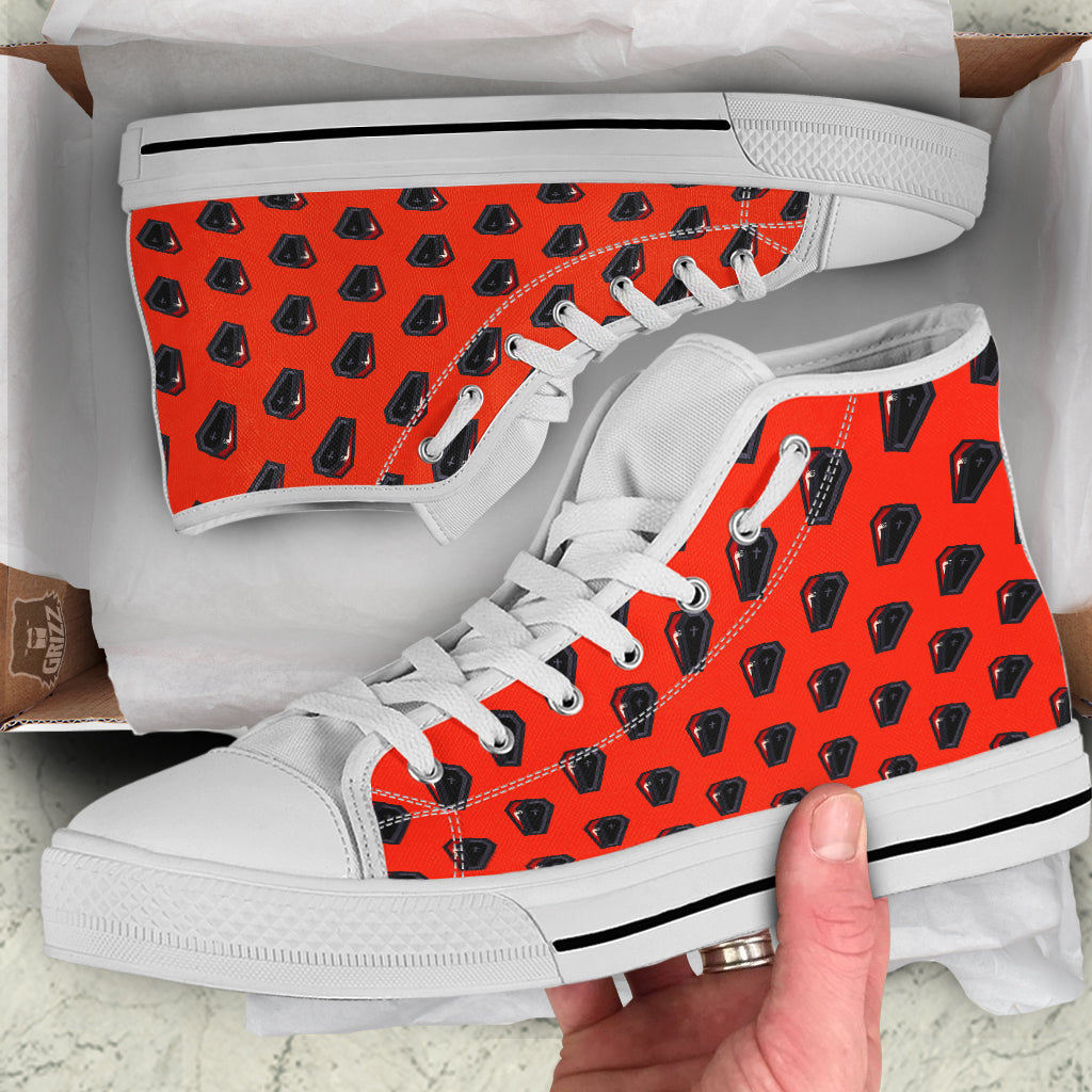 Black Coffin Red Print Pattern White High Top Shoes-grizzshop