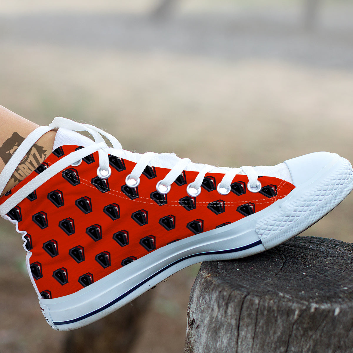 Black Coffin Red Print Pattern White High Top Shoes-grizzshop