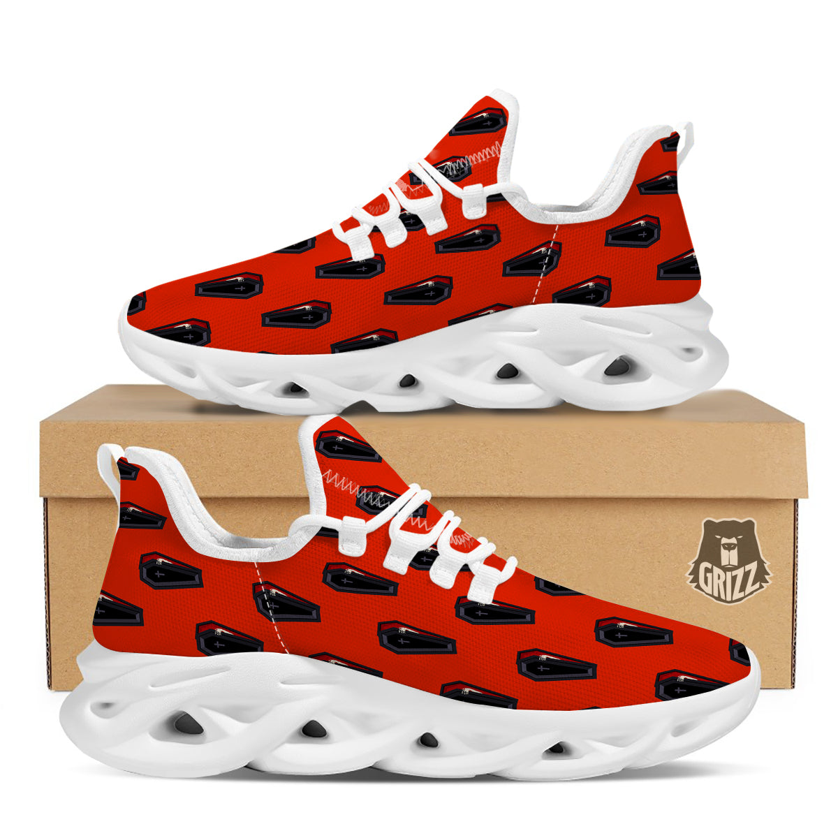 Black Coffin Red Print Pattern White Running Shoes-grizzshop
