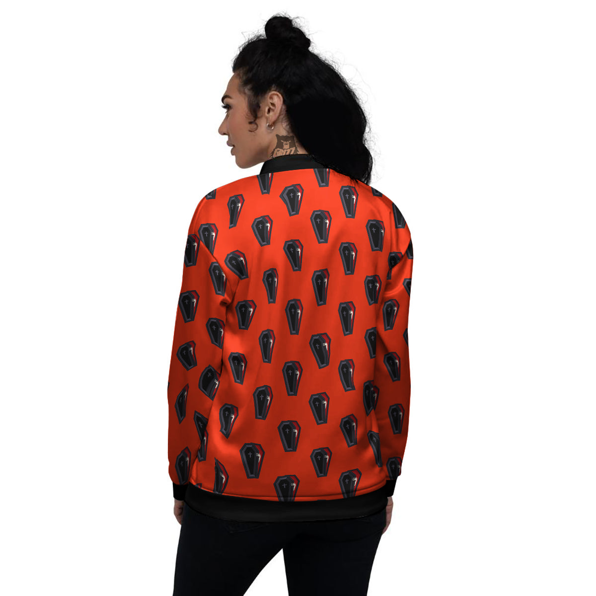 Black Coffin Red Print Pattern Women's Bomber Jacket-grizzshop