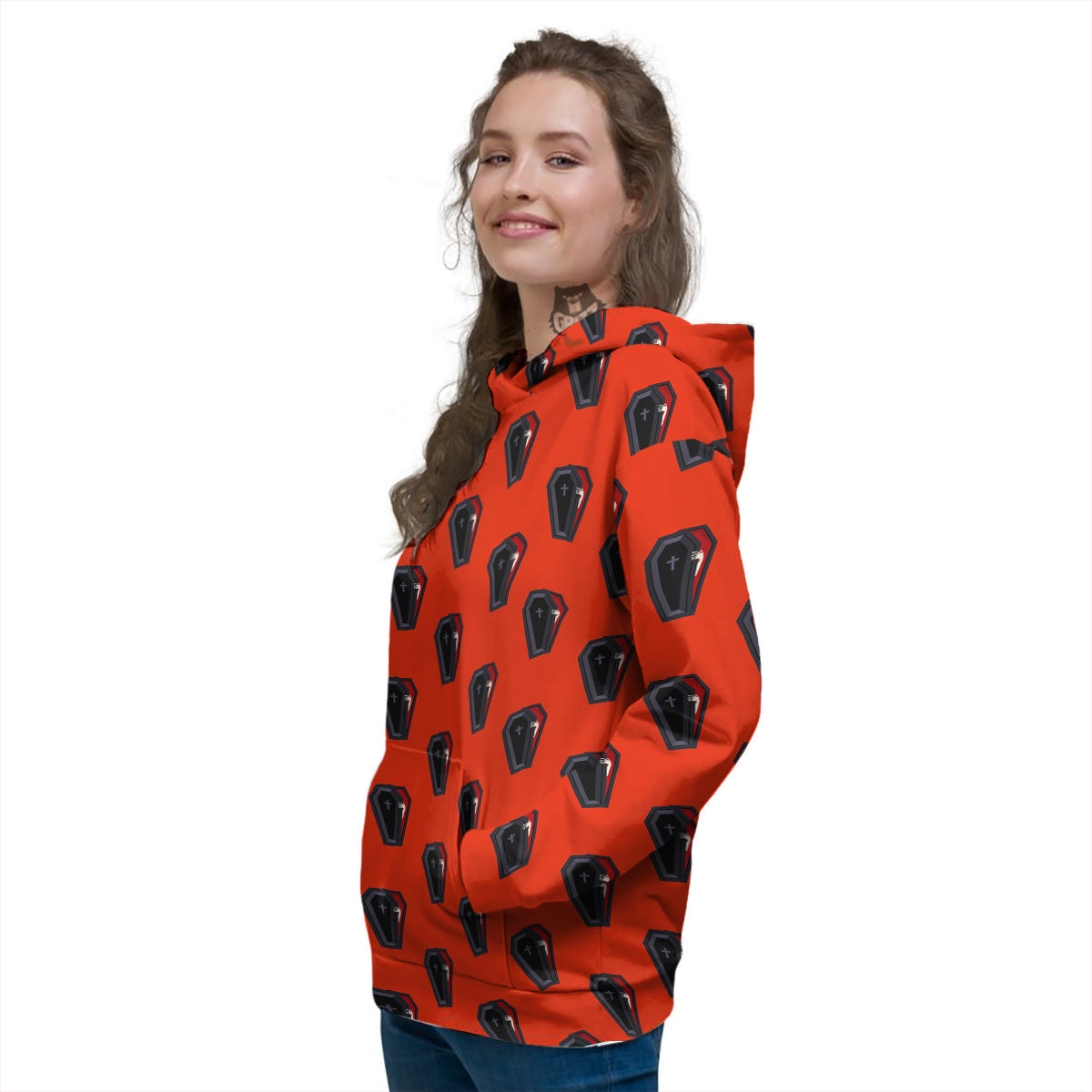 Black Coffin Red Print Pattern Women's Hoodie-grizzshop