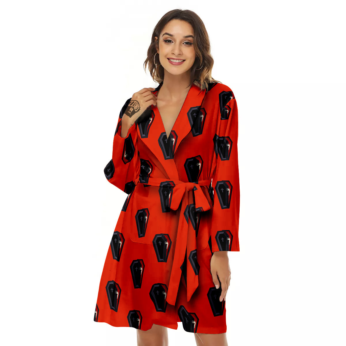 Black Coffin Red Print Pattern Women's Robe-grizzshop