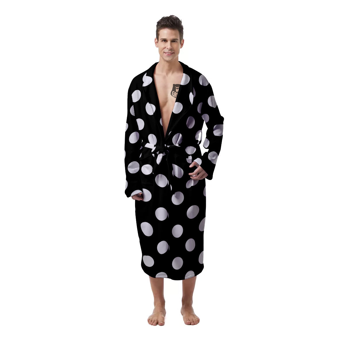 Black Color Polka Dot Print Pattern Men's Robe-grizzshop
