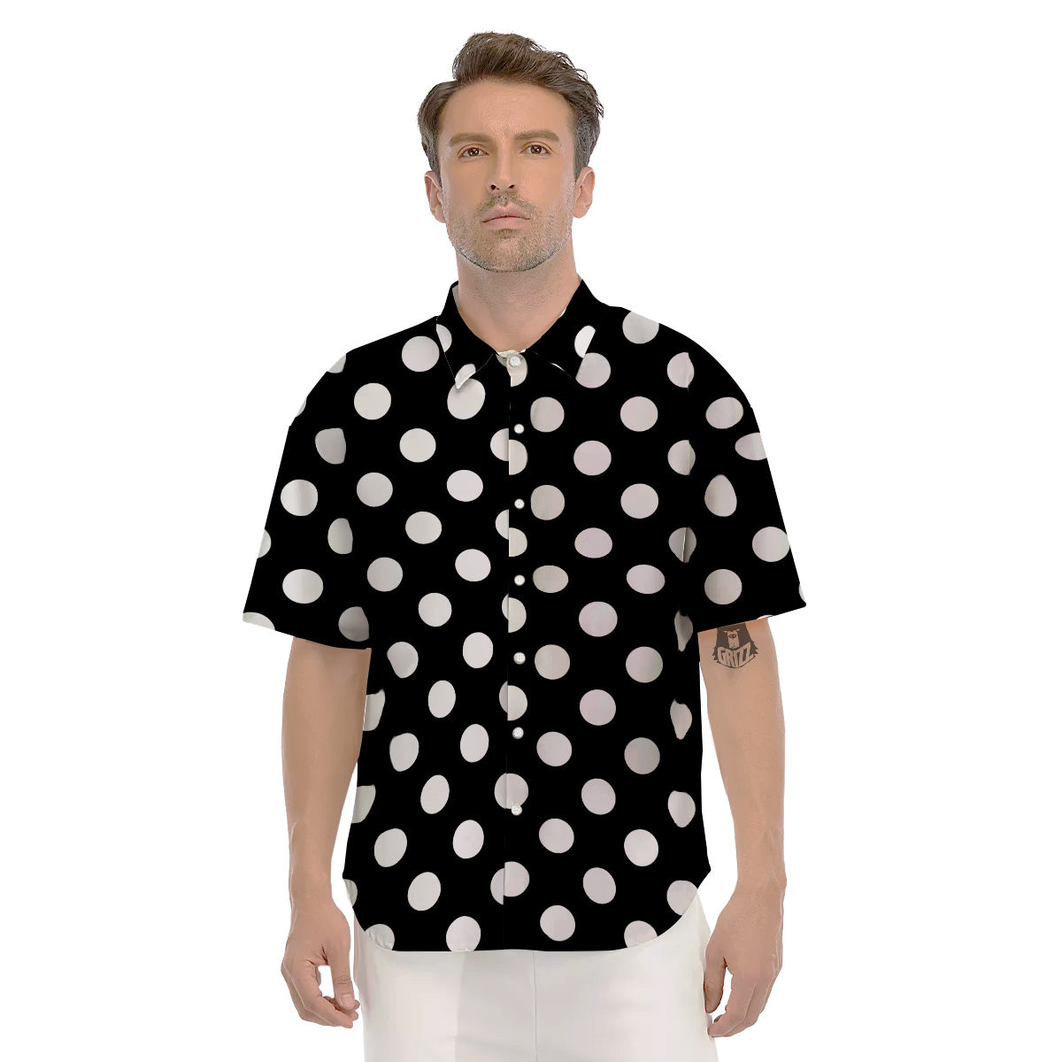 Black Color Polka Dot Print Pattern Men's Short Sleeve Shirts-grizzshop