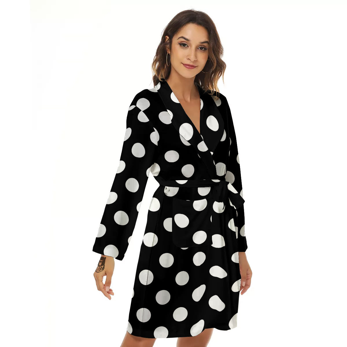 Black Color Polka Dot Print Pattern Women's Robe-grizzshop