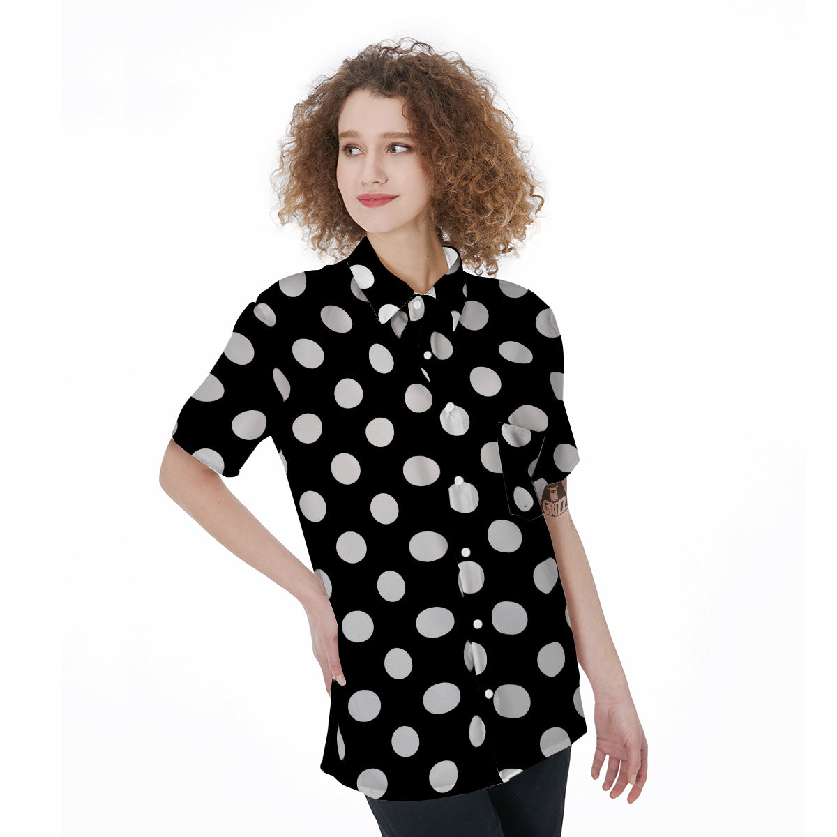 Black Color Polka Dot Print Pattern Women's Short Sleeve Shirts-grizzshop