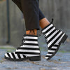 Black Color Striped Print Leather Boots-grizzshop