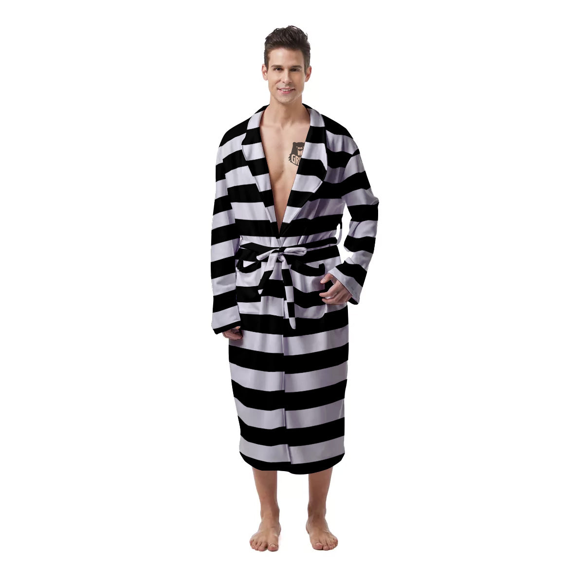 Black Color Striped Print Men's Robe-grizzshop