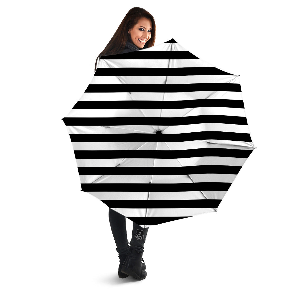 Black Color Striped Print Umbrella-grizzshop