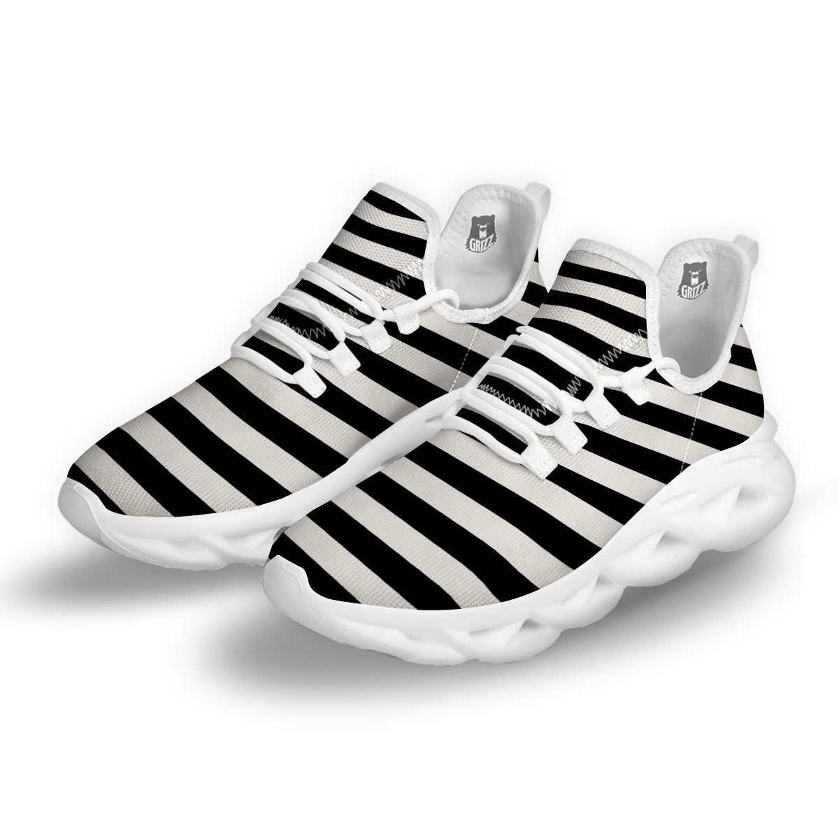 Black Color Striped Print White Running Shoes-grizzshop