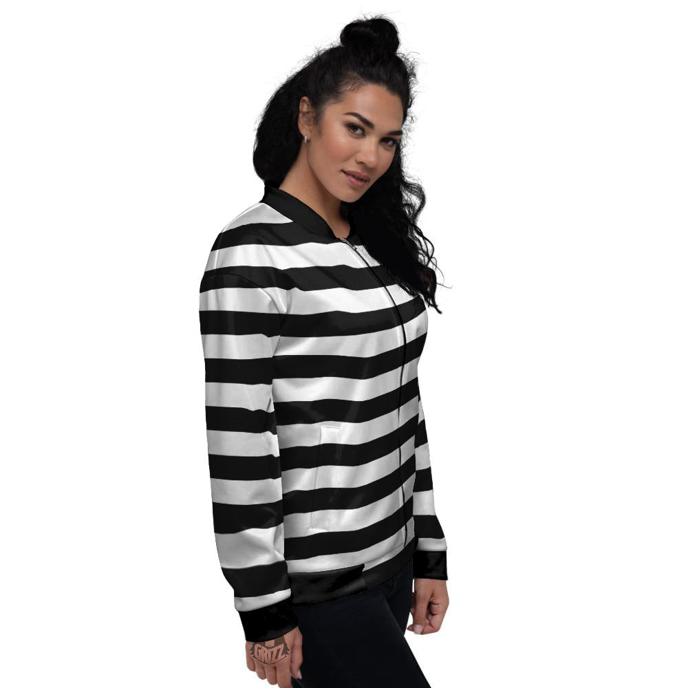 Black Color Striped Print Women's Bomber Jacket-grizzshop