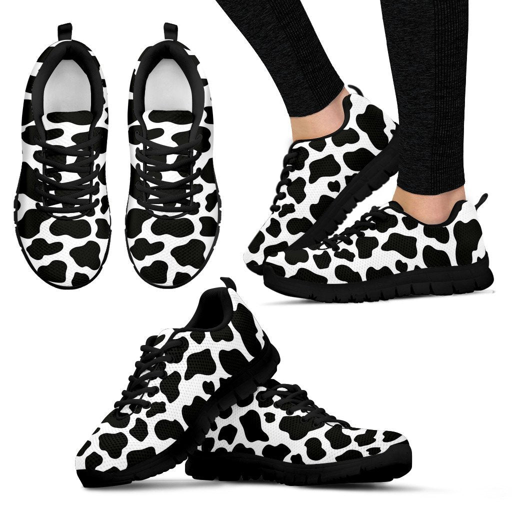 Black Cow Pattern Print Black Sneaker Shoes For Men Women-grizzshop