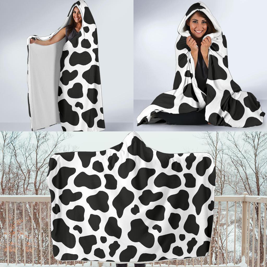 Black Cow Pattern Print Hooded Blanket-grizzshop