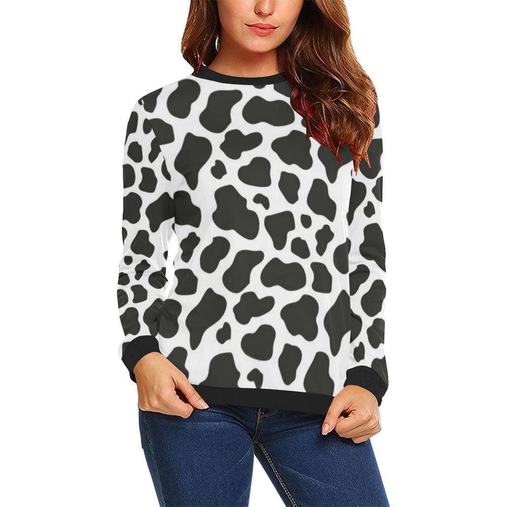 Black Cow Pattern Print Women Crewneck Sweatshirt-grizzshop