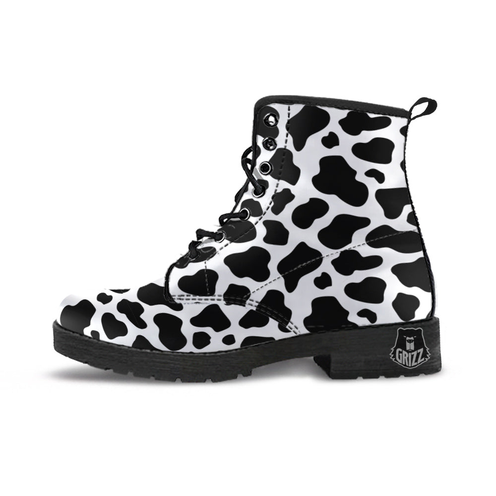 Black Cow Print Pattern Leather Boots-grizzshop